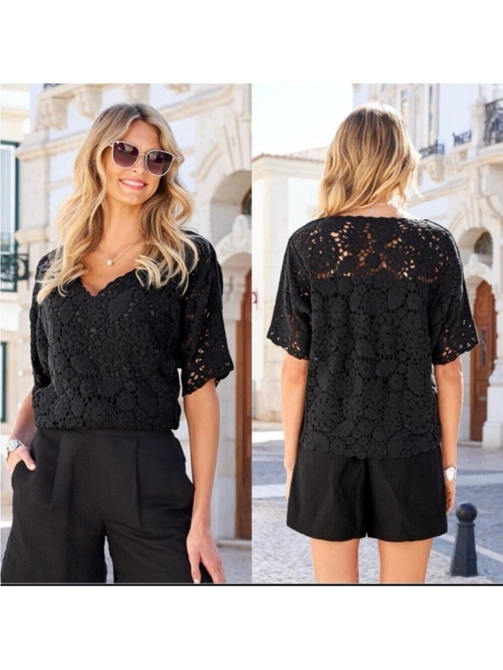 Boston Proper Black Crocheted Cottage Core Blouse